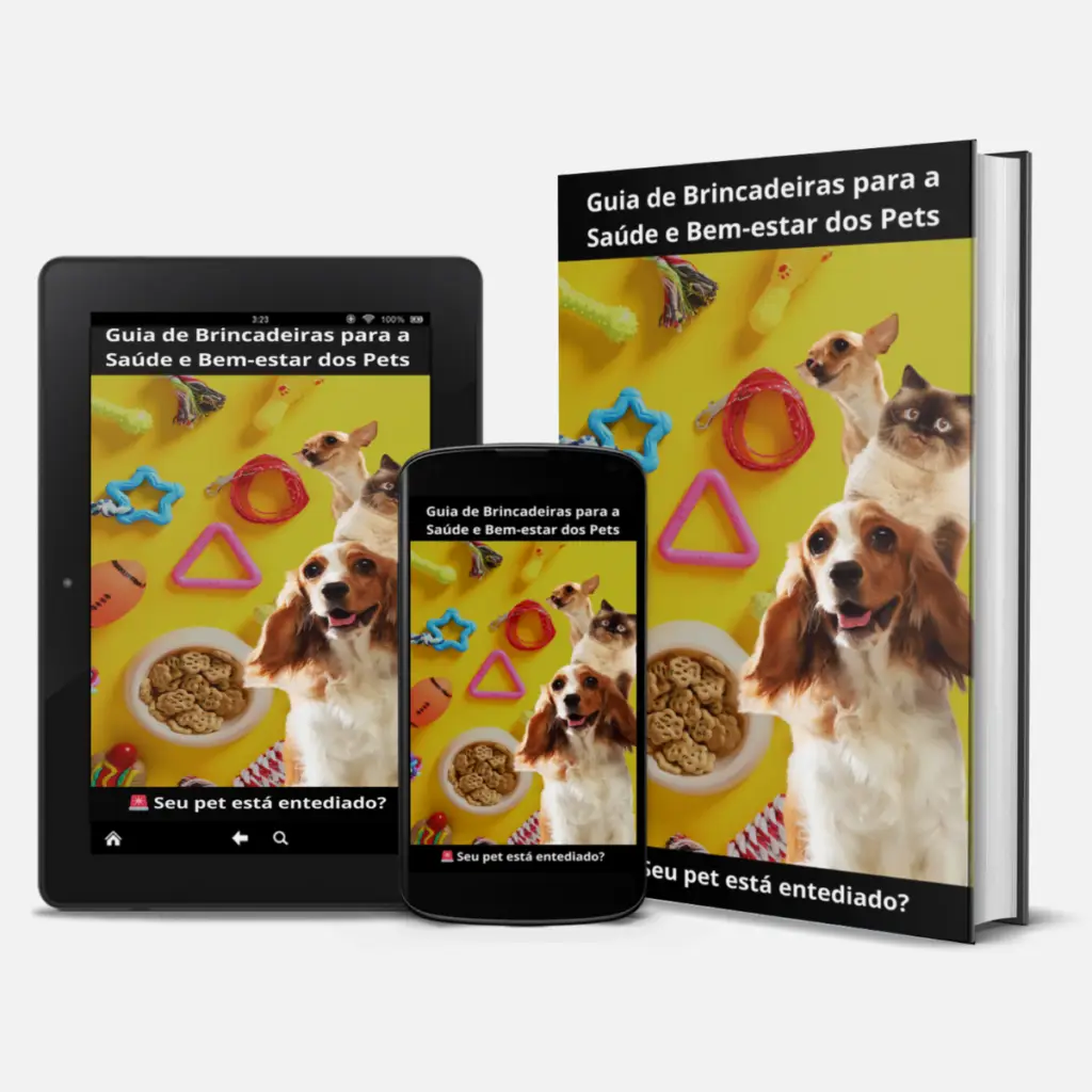 Capa do e-book Guia de Brincadeiras para a Saúde e Bem-estar dos Pets. Um material completo para tutores que desejam proporcionar mais diversão, estímulo e qualidade de vida para seus pets através de atividades interativas e educativas.